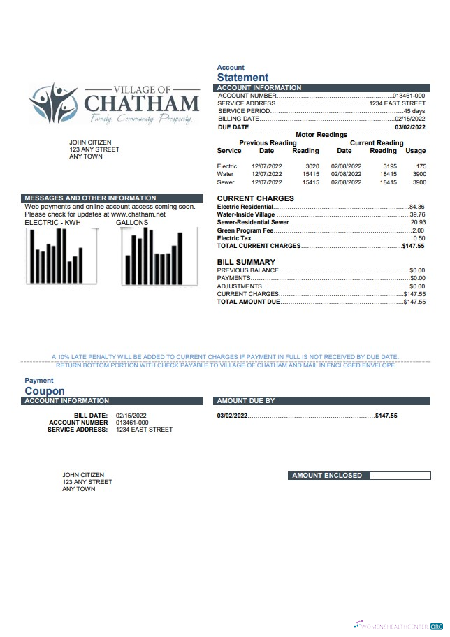 download download USA Village of Chatham utility bill template in Word and PDF format PDF template PDF template